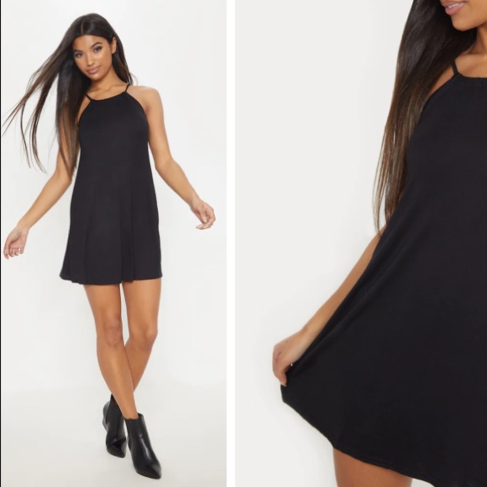 PrettyLittleThing Black Basic Ruched Halterneck Shift Dress 10 NWT